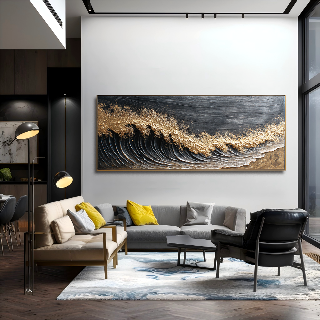 textured abstract ocean wave painting with black and gold