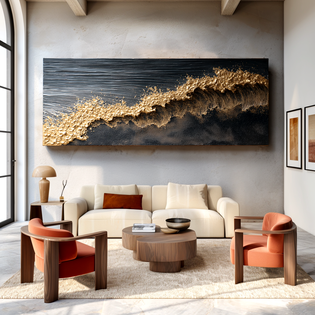 luxury textured abstract golden wave painting on dark background