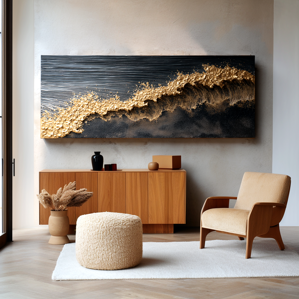 luxury textured abstract golden wave painting on dark background