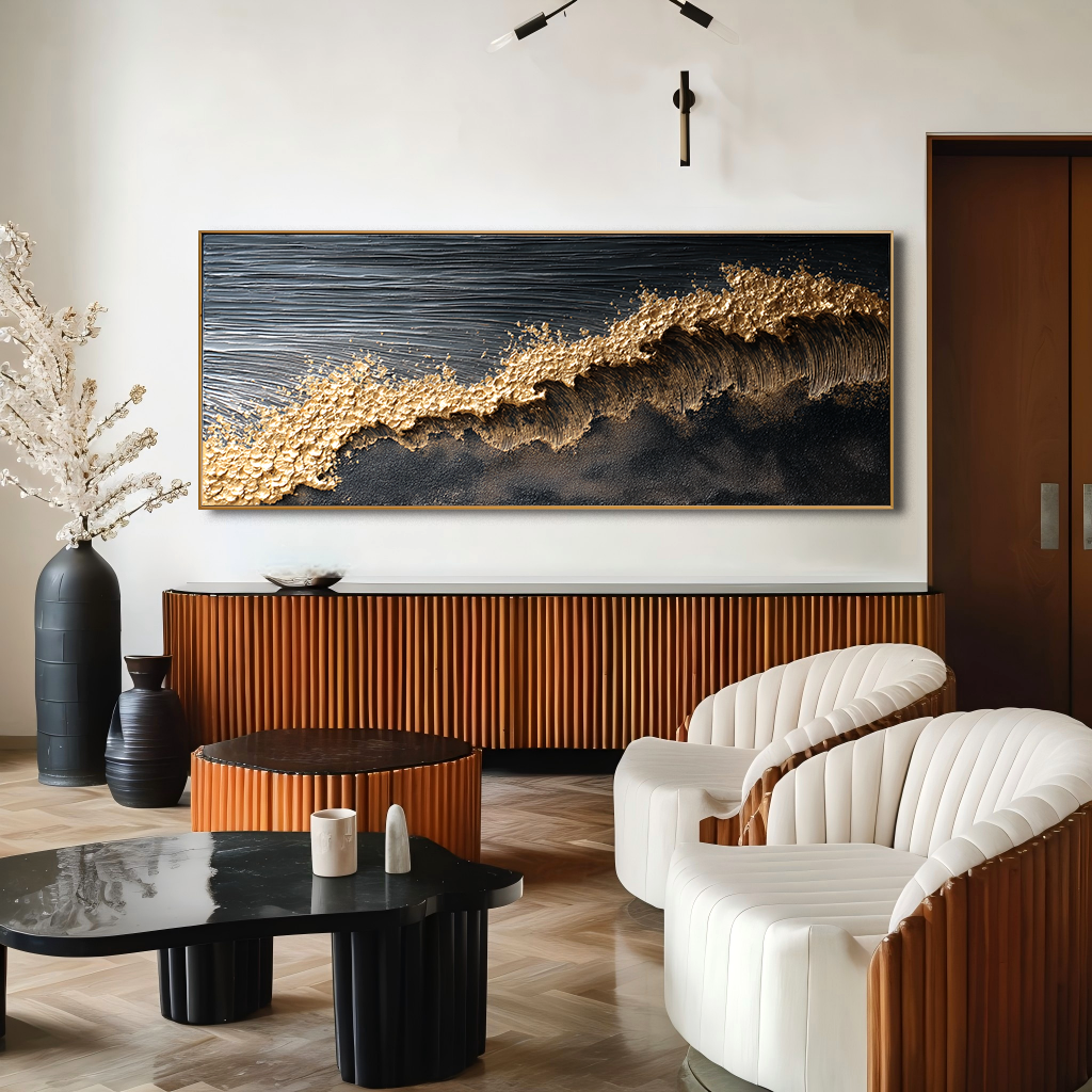 luxury textured abstract golden wave painting on dark background