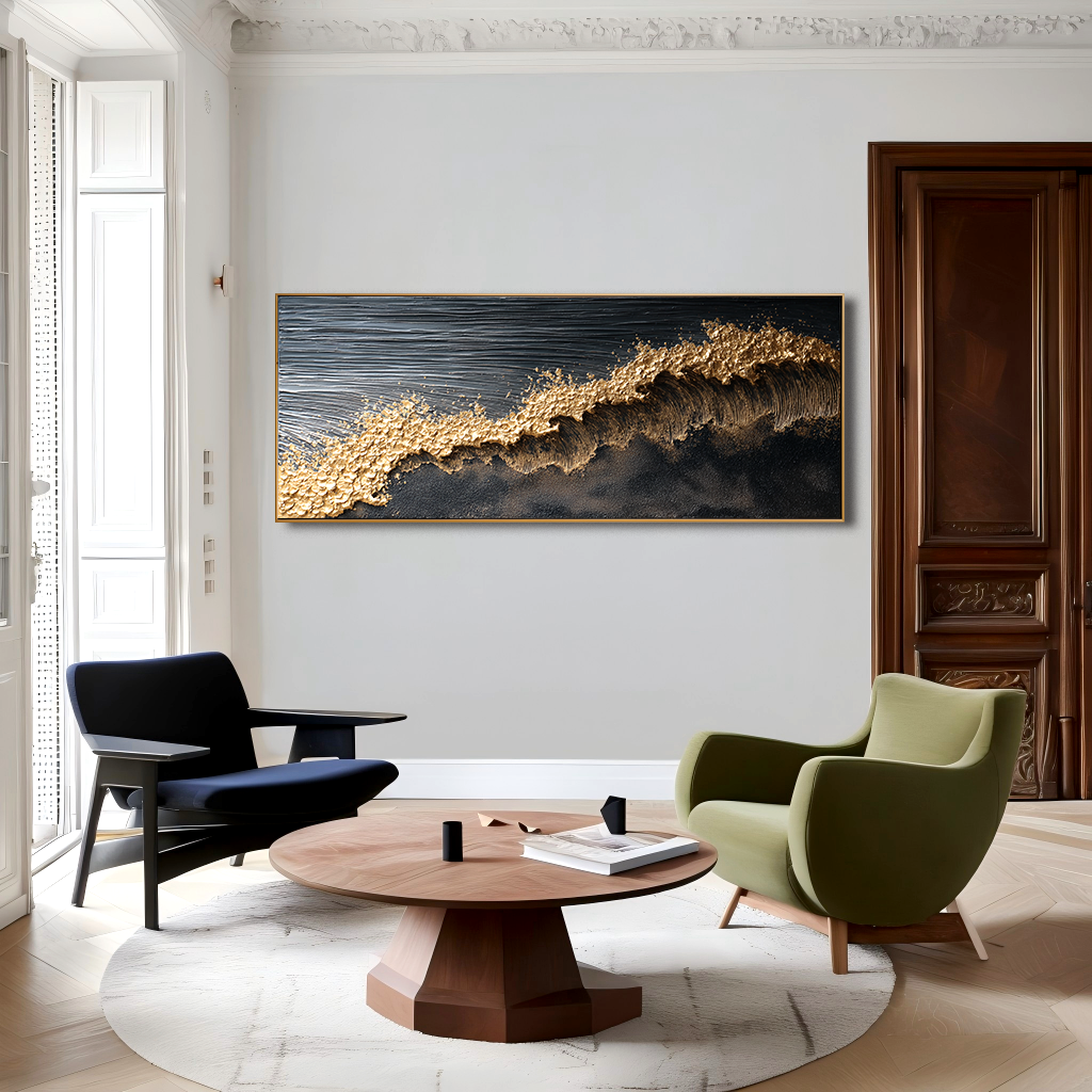 luxury textured abstract golden wave painting on dark background