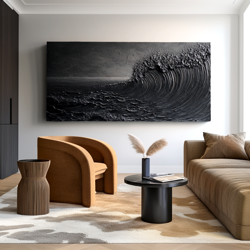 textured monochrome abstract wave painting with thick brush strokes