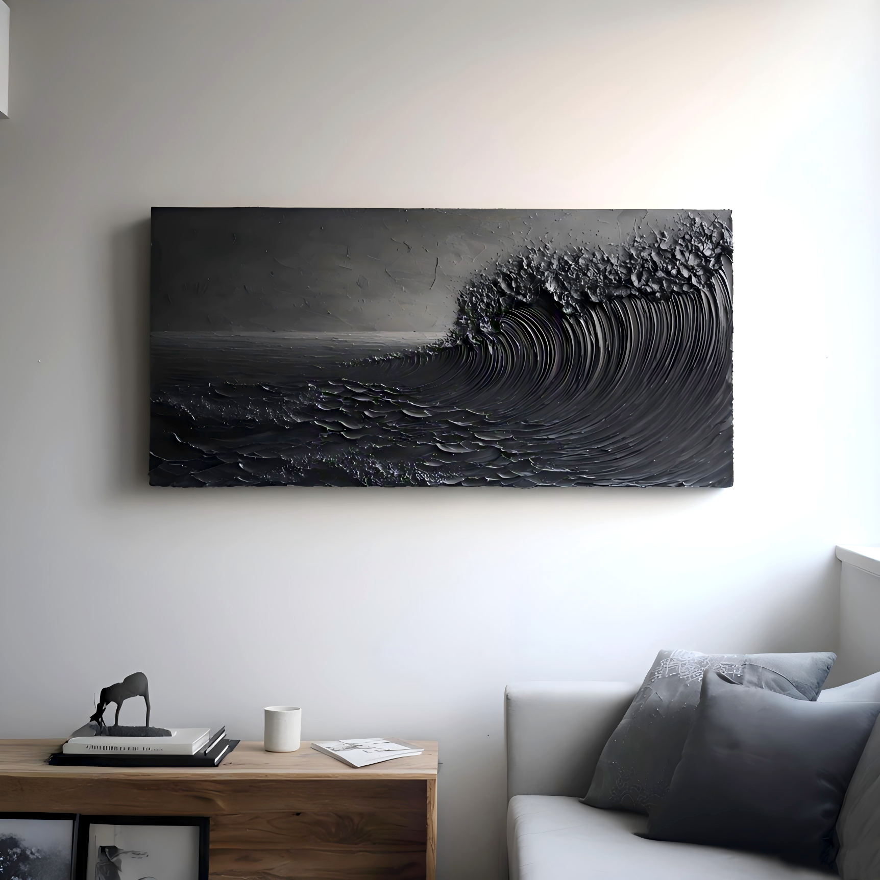 textured monochrome abstract wave painting with thick brush strokes