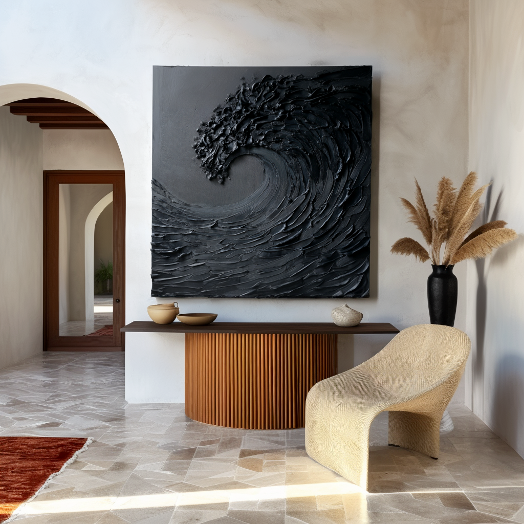 textured black abstract wave painting with thick 3D brush strokes