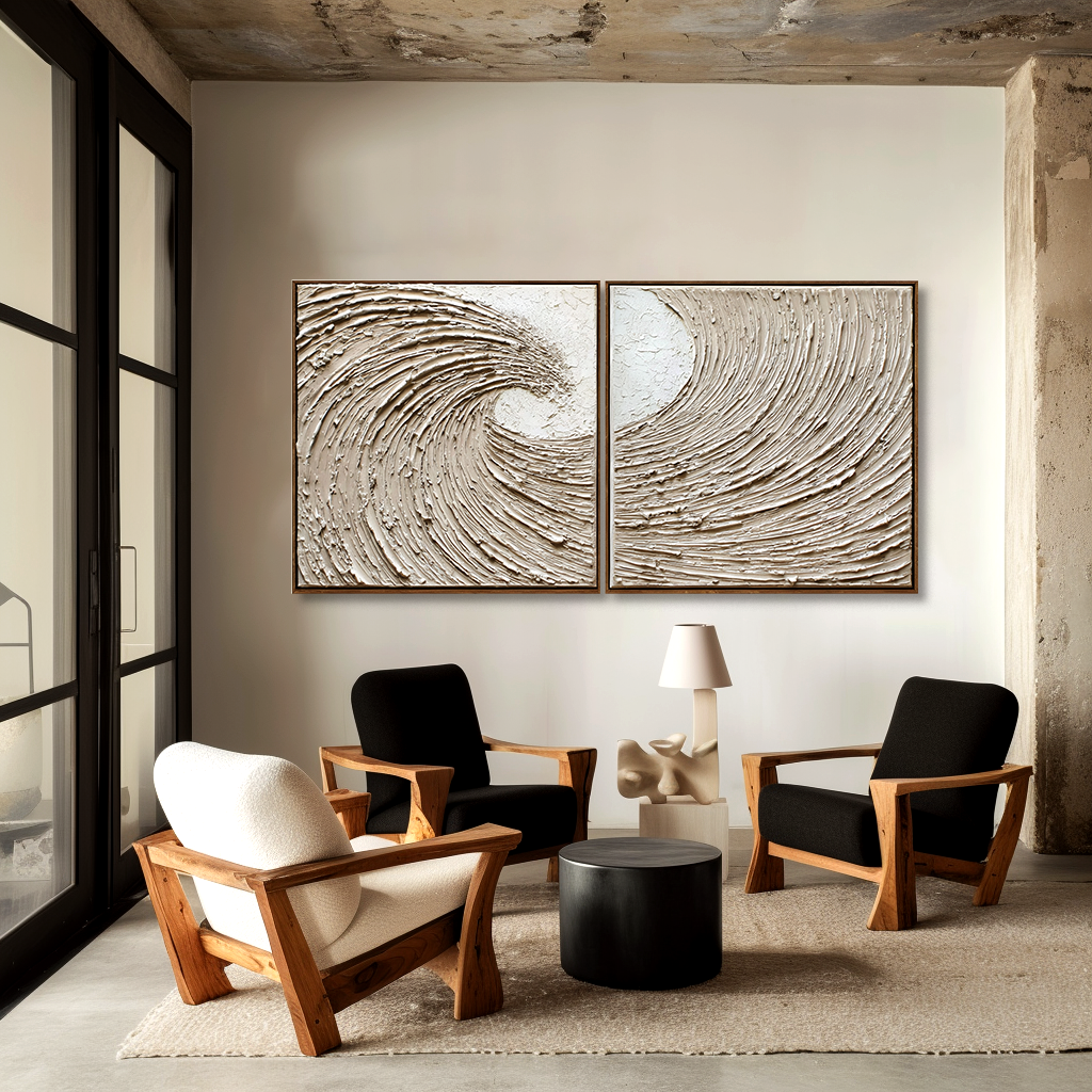 neutral textured diptych abstract wave painting wall art set