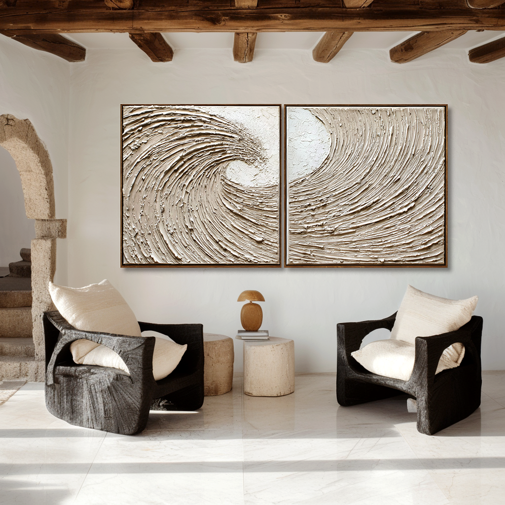 neutral textured diptych abstract wave painting wall art set