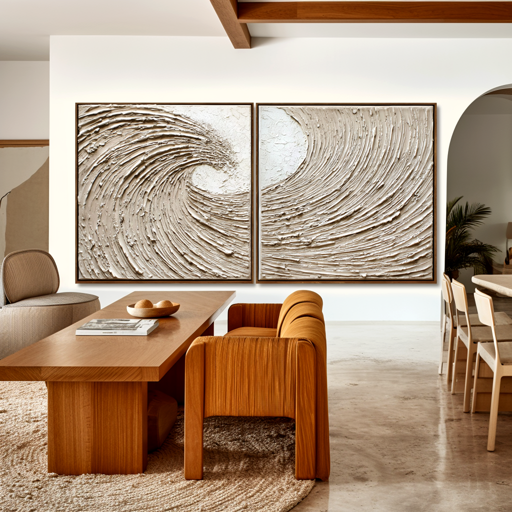neutral textured diptych abstract wave painting wall art set