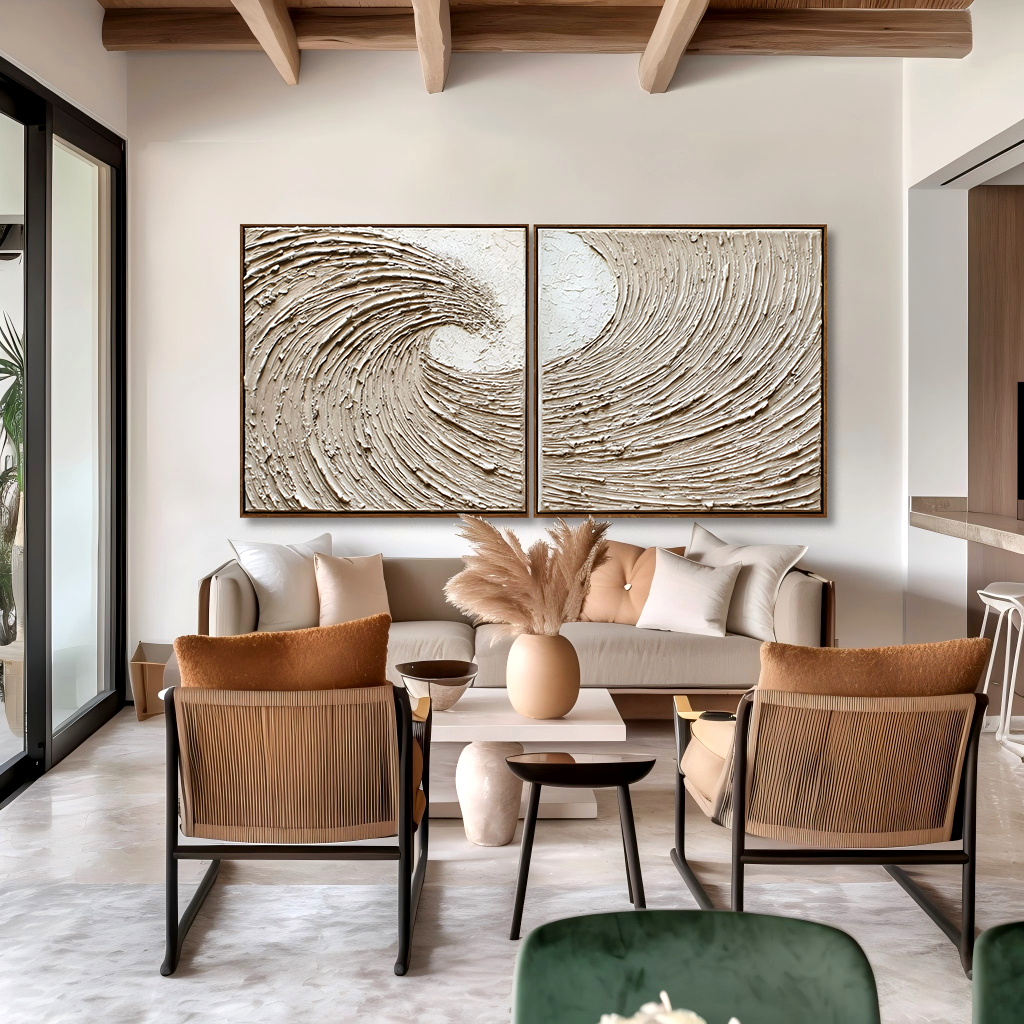 neutral textured diptych abstract wave painting wall art set