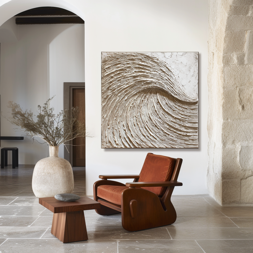 neutral textured abstract wave painting thick 3D wall art