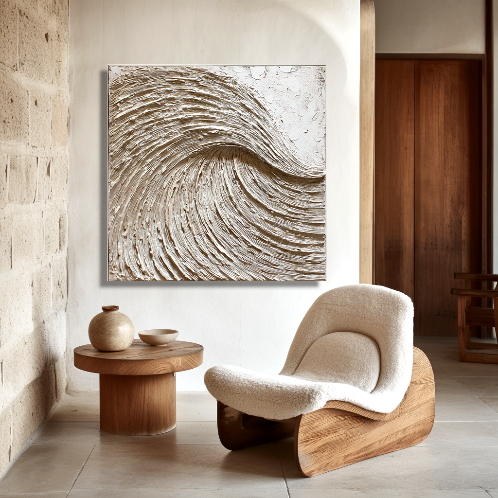 neutral textured abstract wave painting thick 3D wall art