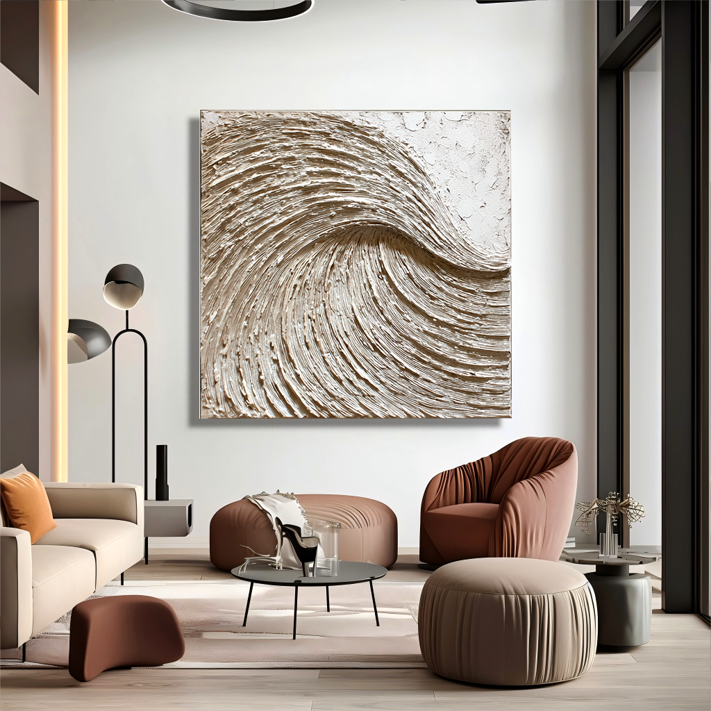 neutral textured abstract wave painting thick 3D wall art