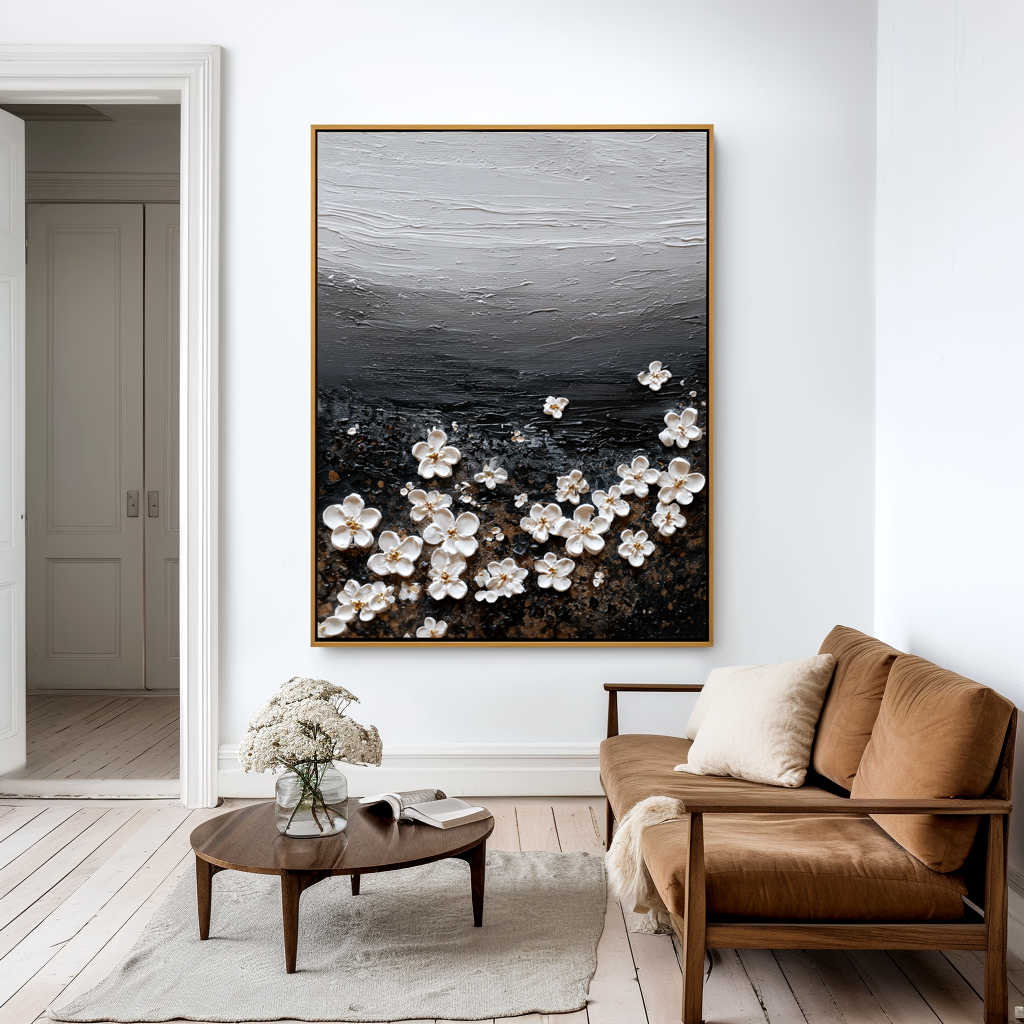 minimal textured floral painting with small white blossoms on dark background