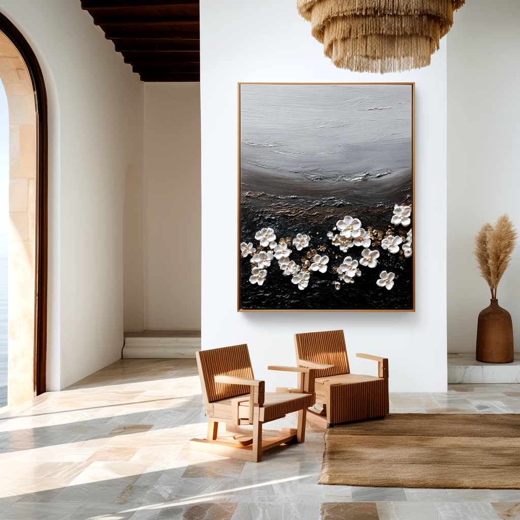 minimal textured floral painting with white blossoms scattered on dark surface