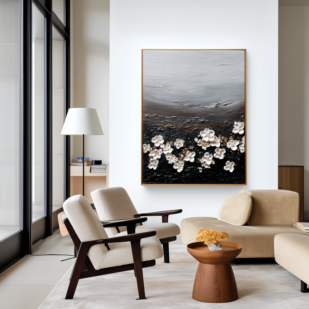 minimal textured floral painting with white blossoms scattered on dark surface