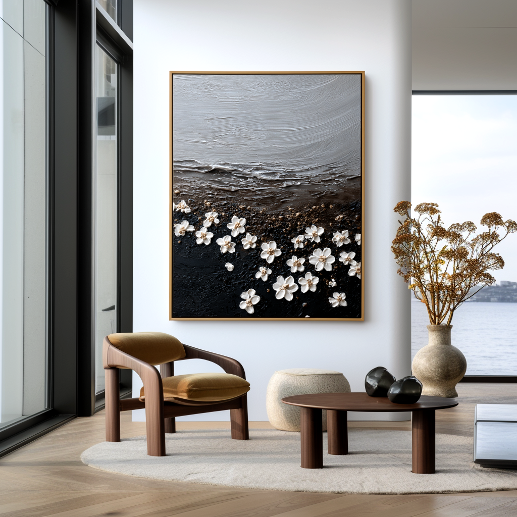 abstract textured floral painting with white blossoms on dark surface and soft horizon