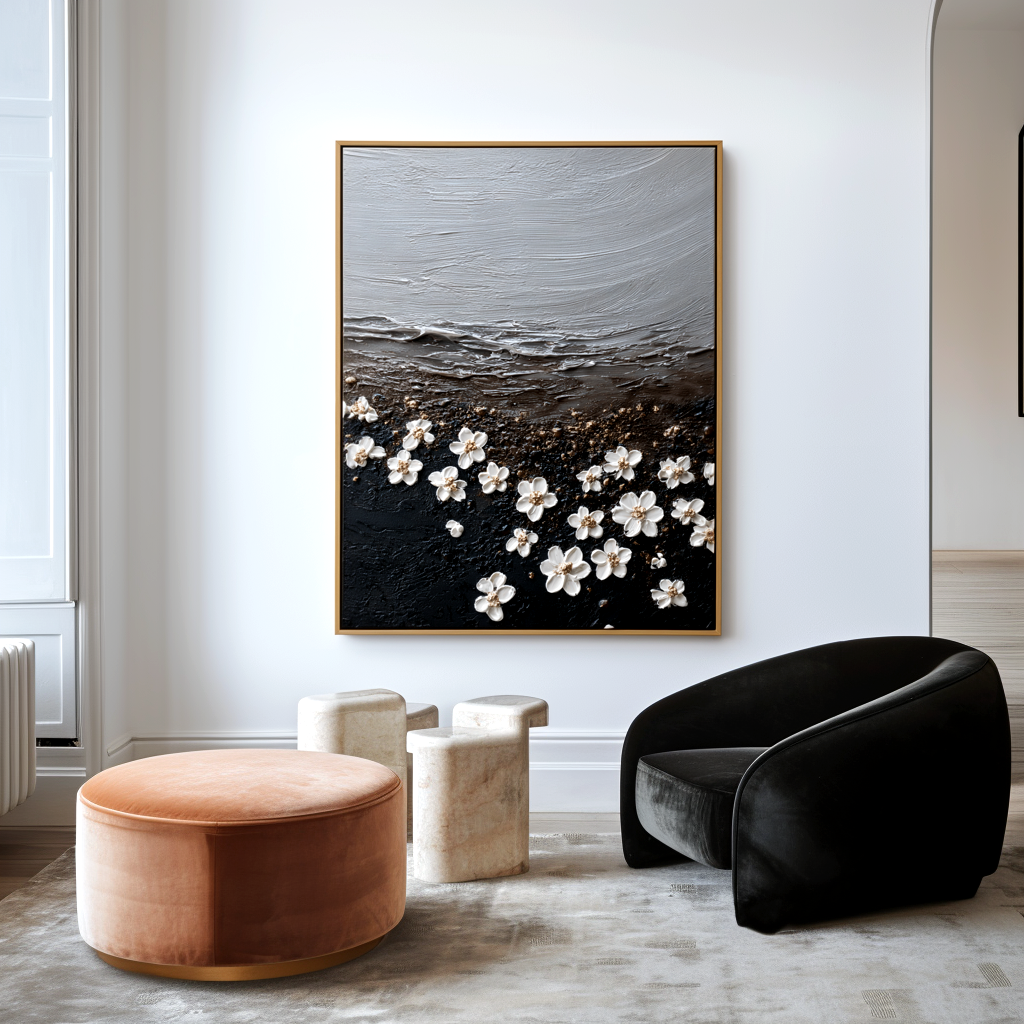 abstract textured floral painting with white blossoms on dark surface and soft horizon