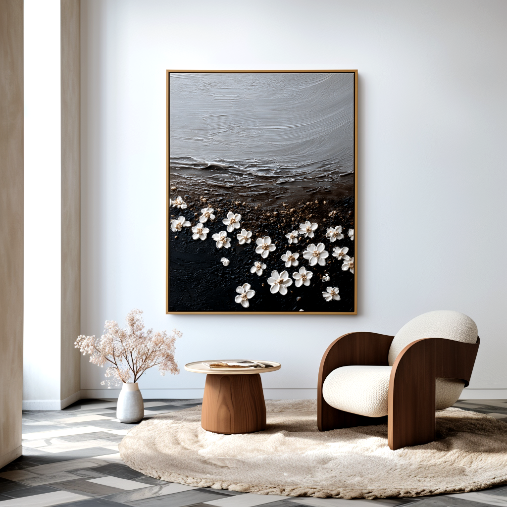 abstract textured floral painting with white blossoms on dark surface and soft horizon