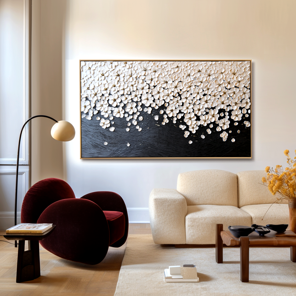 horizontal textured floral painting with white blossoms flowing over dark background