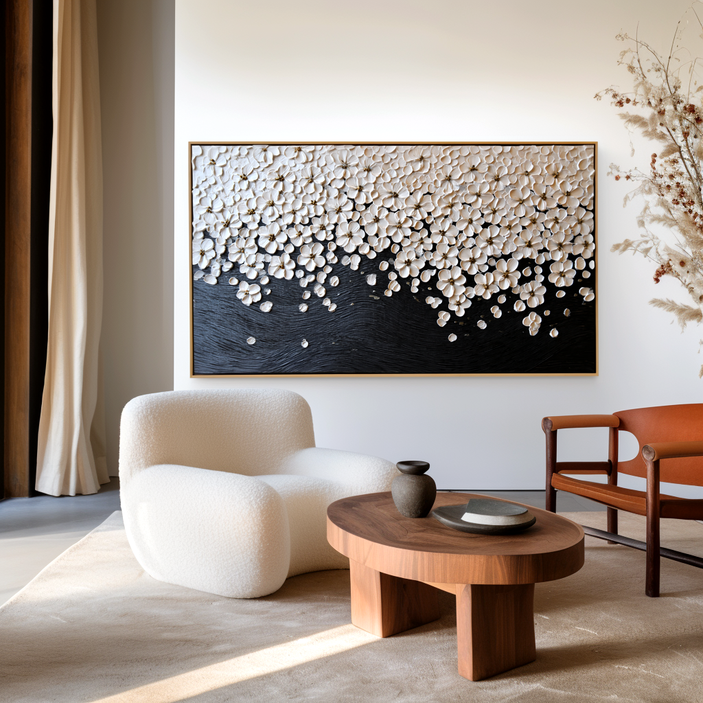 horizontal textured floral painting with white blossoms flowing over dark background