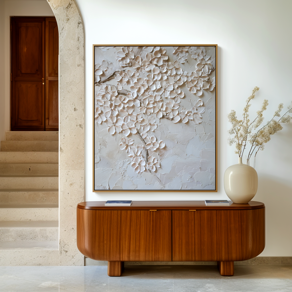 textured ivory blossom painting with raised petals on a light neutral background