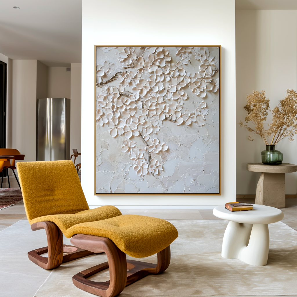 textured ivory blossom painting with raised petals on a light neutral background