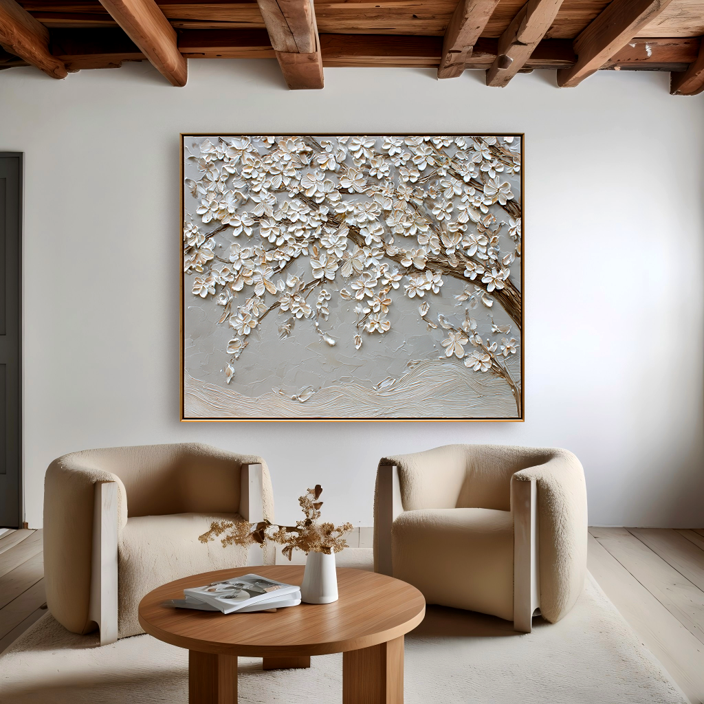 textured white blossom wall art with flowing branches on neutral background