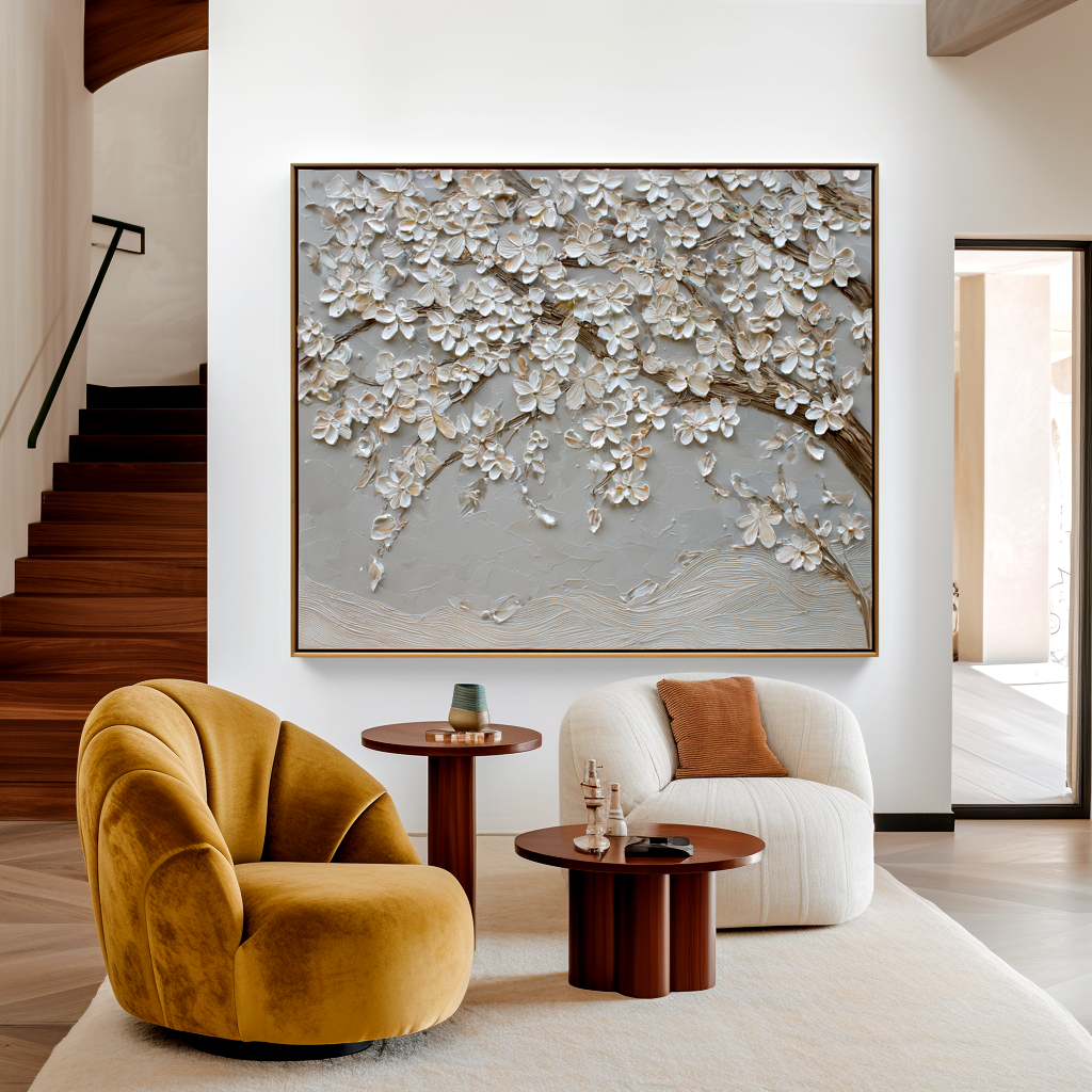 textured white blossom wall art with flowing branches on neutral background