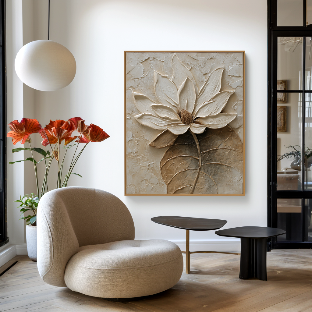 textured lotus flower wall art with raised petals and neutral beige background