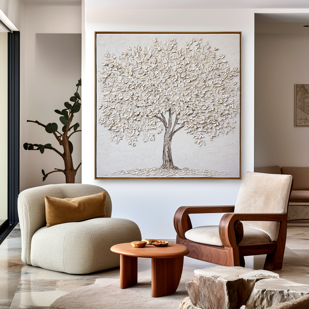 textured white tree wall art with raised leaves on minimalist neutral background