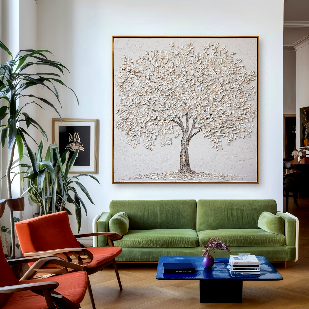 textured white tree wall art with raised leaves on minimalist neutral background