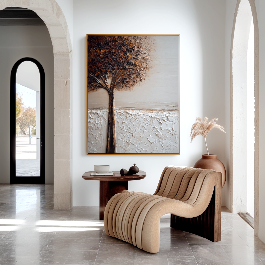 textured tree wall art with earthy tones and minimalist horizon background