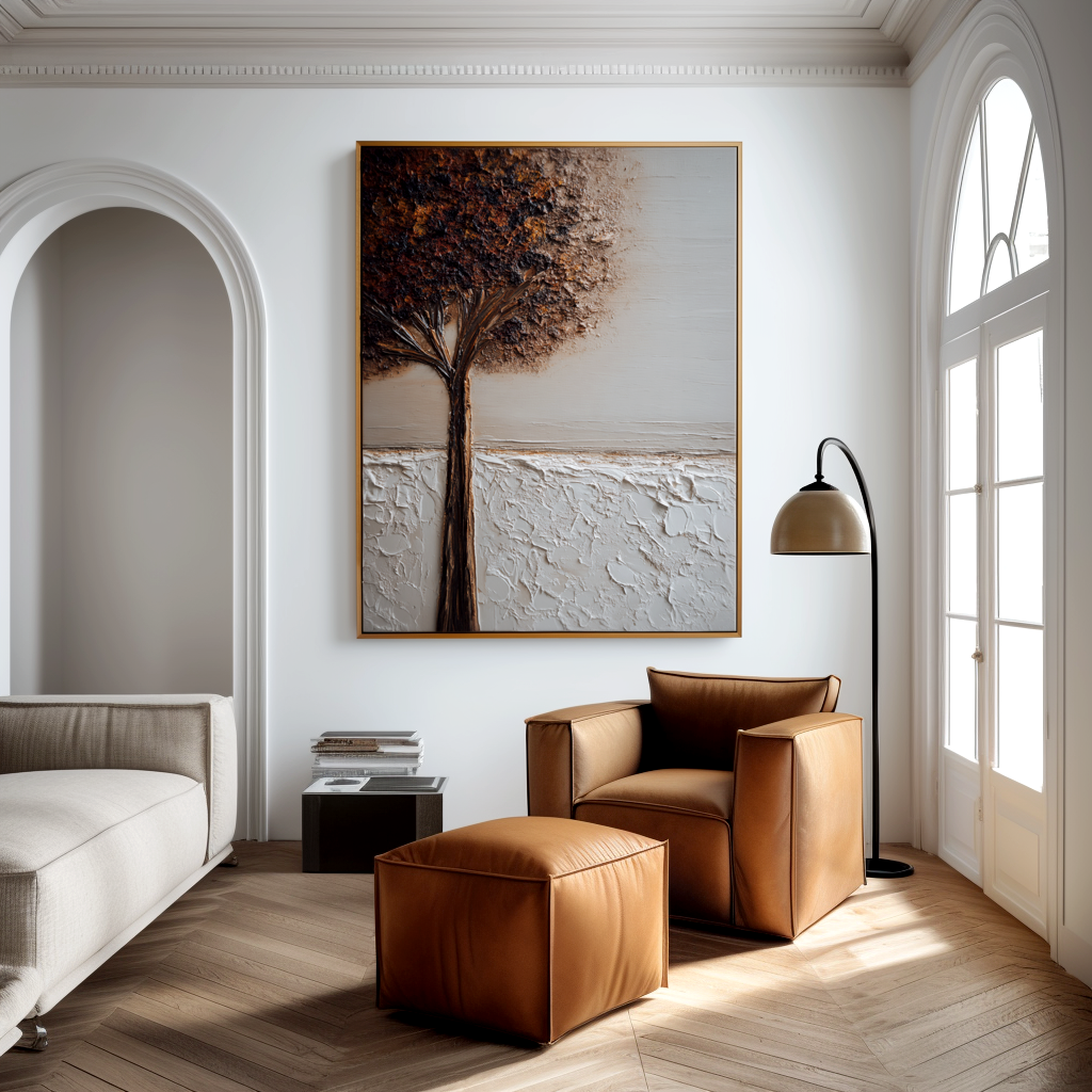 textured tree wall art with earthy tones and minimalist horizon background