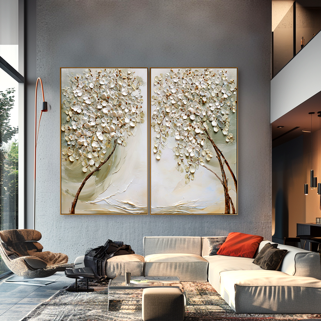 textured white blossom tree diptych wall art with raised petals