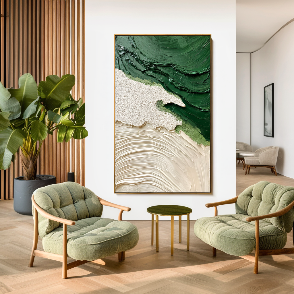 textured green and neutral abstract wall art with layered brushstrokes