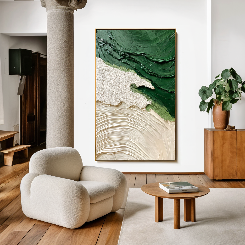 textured green and neutral abstract wall art with layered brushstrokes