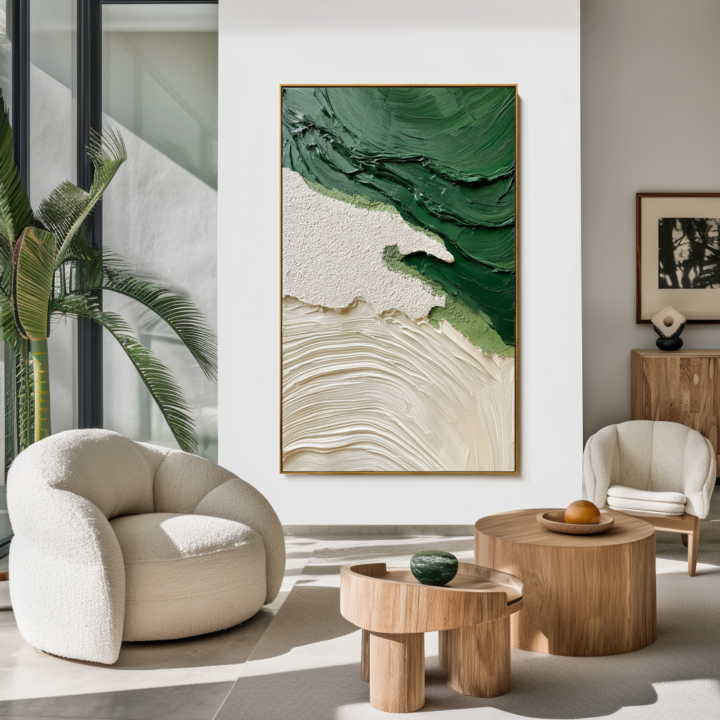 textured green and neutral abstract wall art with layered brushstrokes