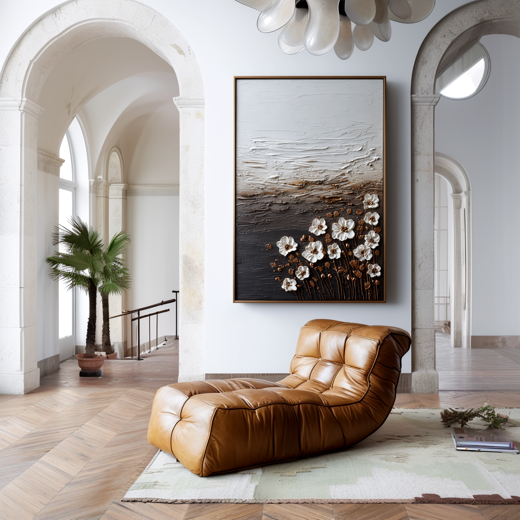 white textured floral wall art with gold stems and raised flower petals