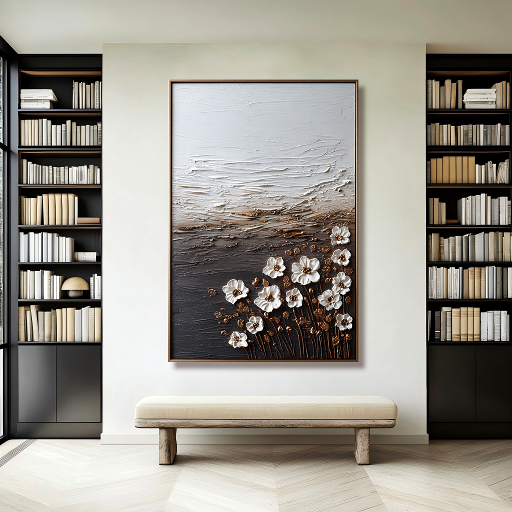 white textured floral wall art with gold stems and raised flower petals