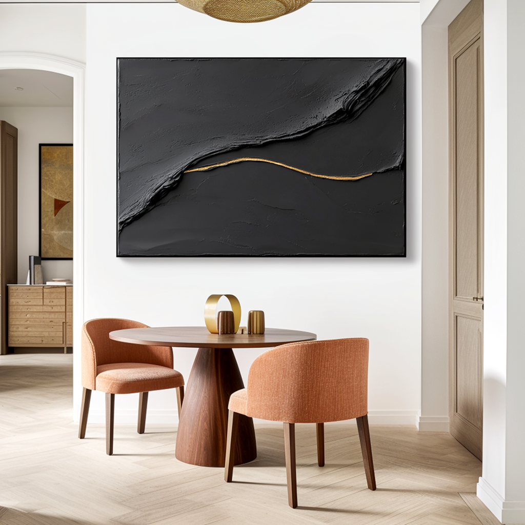 black textured abstract wall art with a gold flowing line