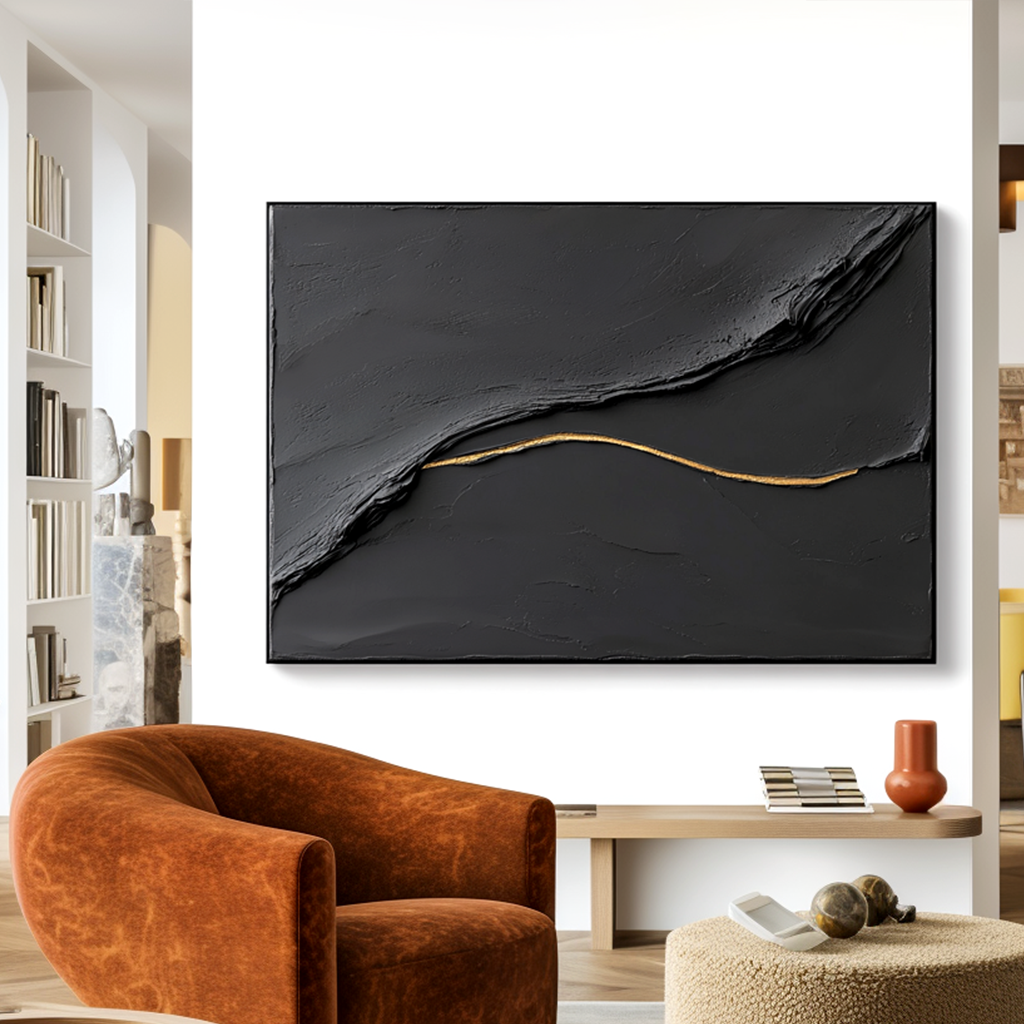 black textured abstract wall art with a gold flowing line