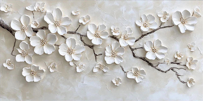 textured white blossom branch wall art with raised floral details