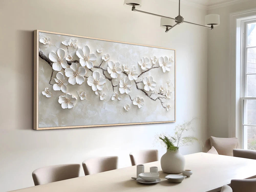 textured white blossom branch wall art with raised floral details