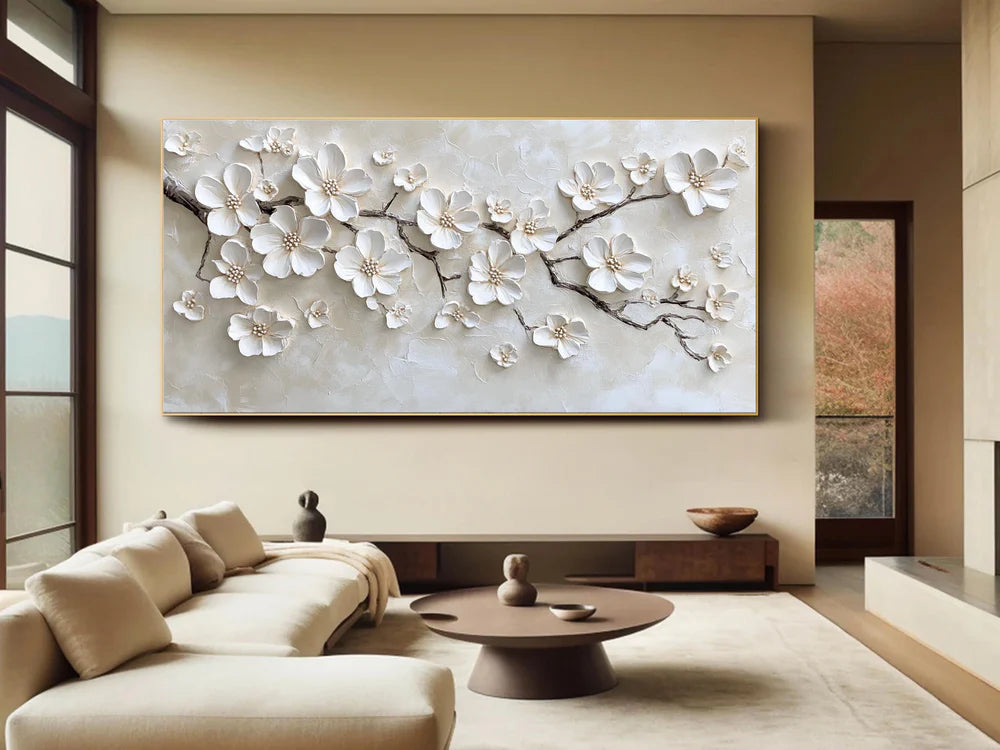 textured white blossom branch wall art with raised floral details