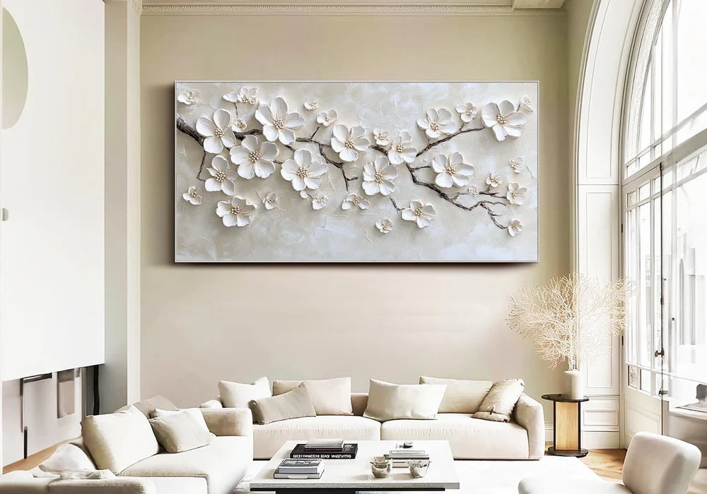 textured white blossom branch wall art with raised floral details