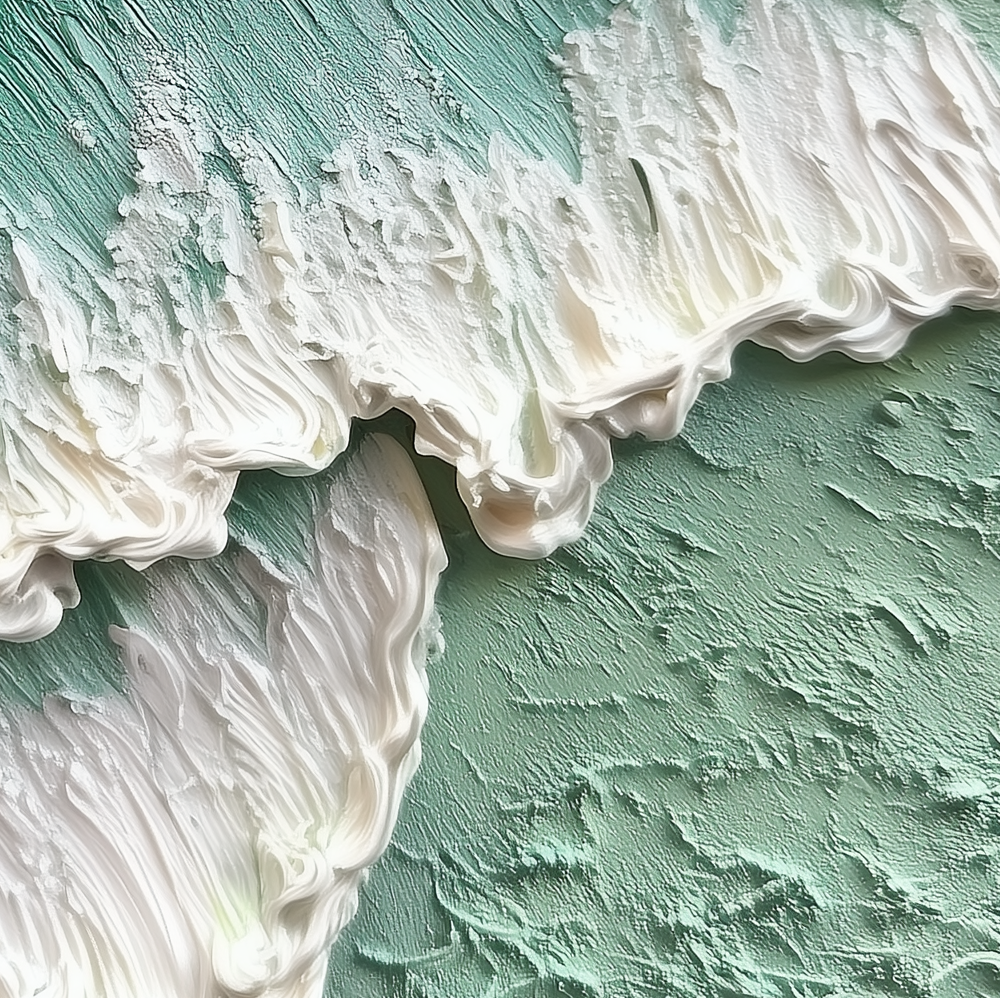 Textured ocean wave painting with raised white foam and turquoise shades.