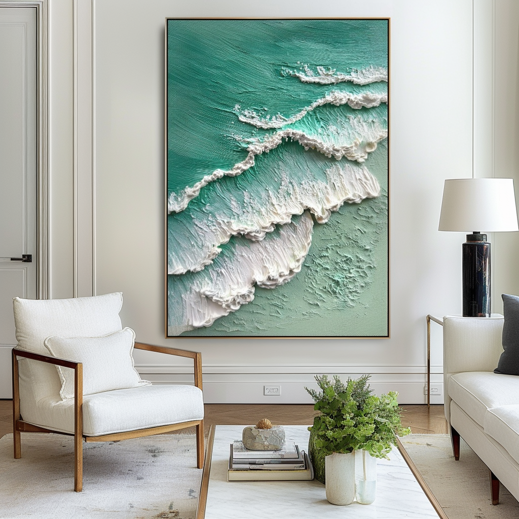 Textured ocean wave painting with raised white foam and turquoise shades.