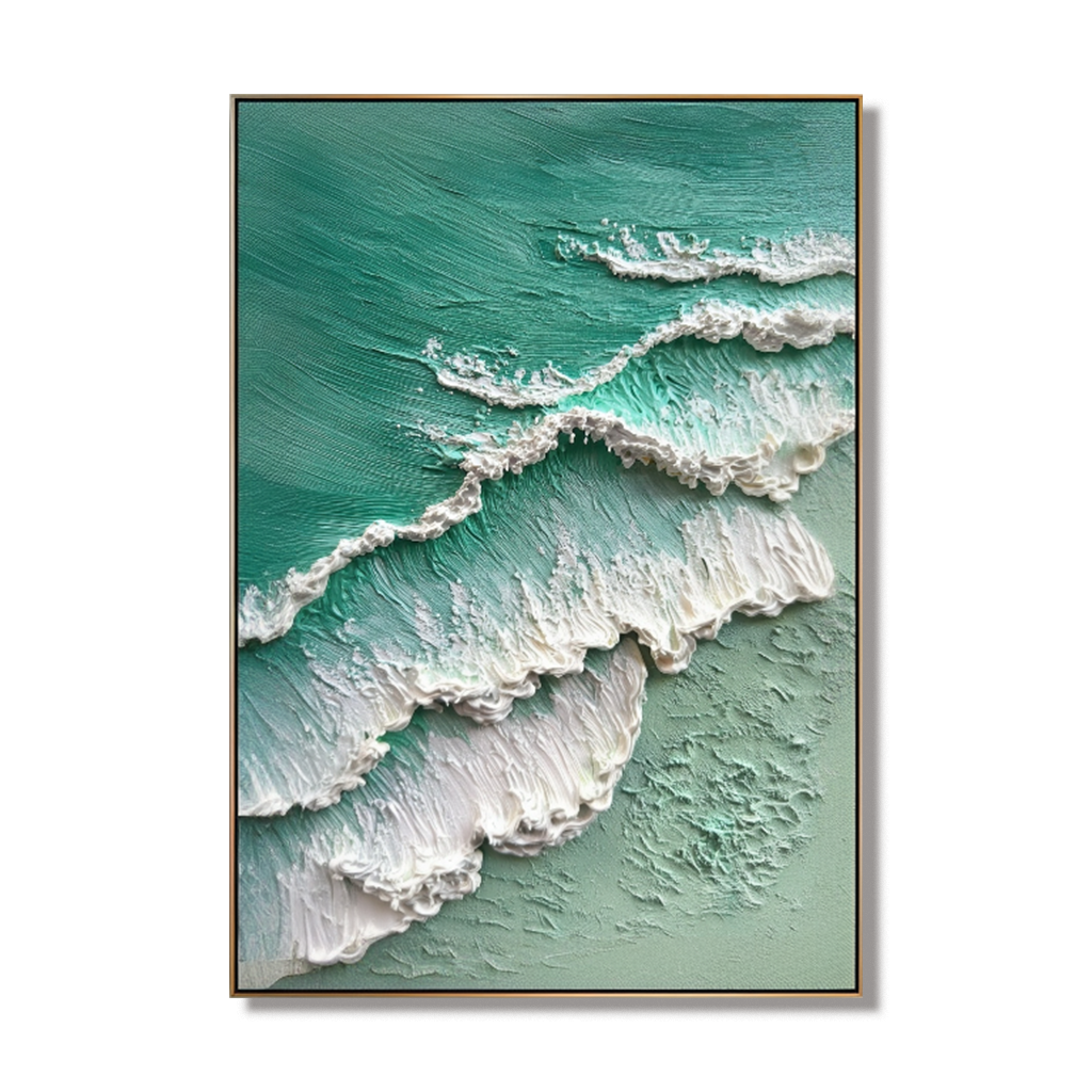 Textured ocean wave painting with raised white foam and turquoise shades.