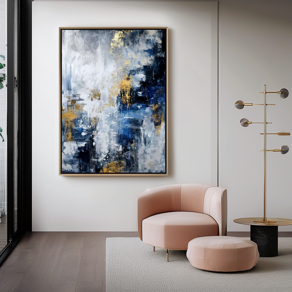 Abstract painting with blue, white, and gold accents, featuring textured brushstrokes.