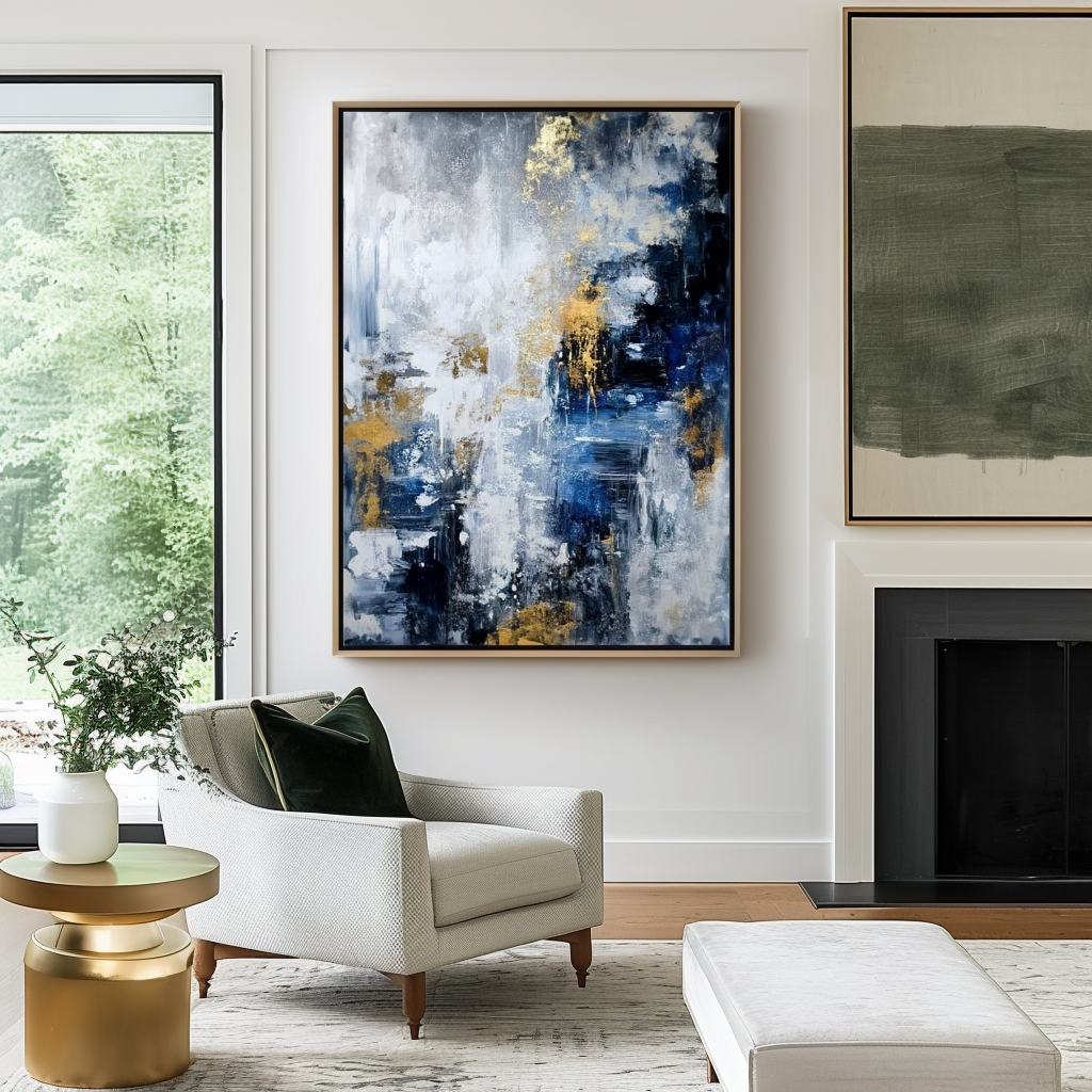 Abstract painting with blue, white, and gold accents, featuring textured brushstrokes.