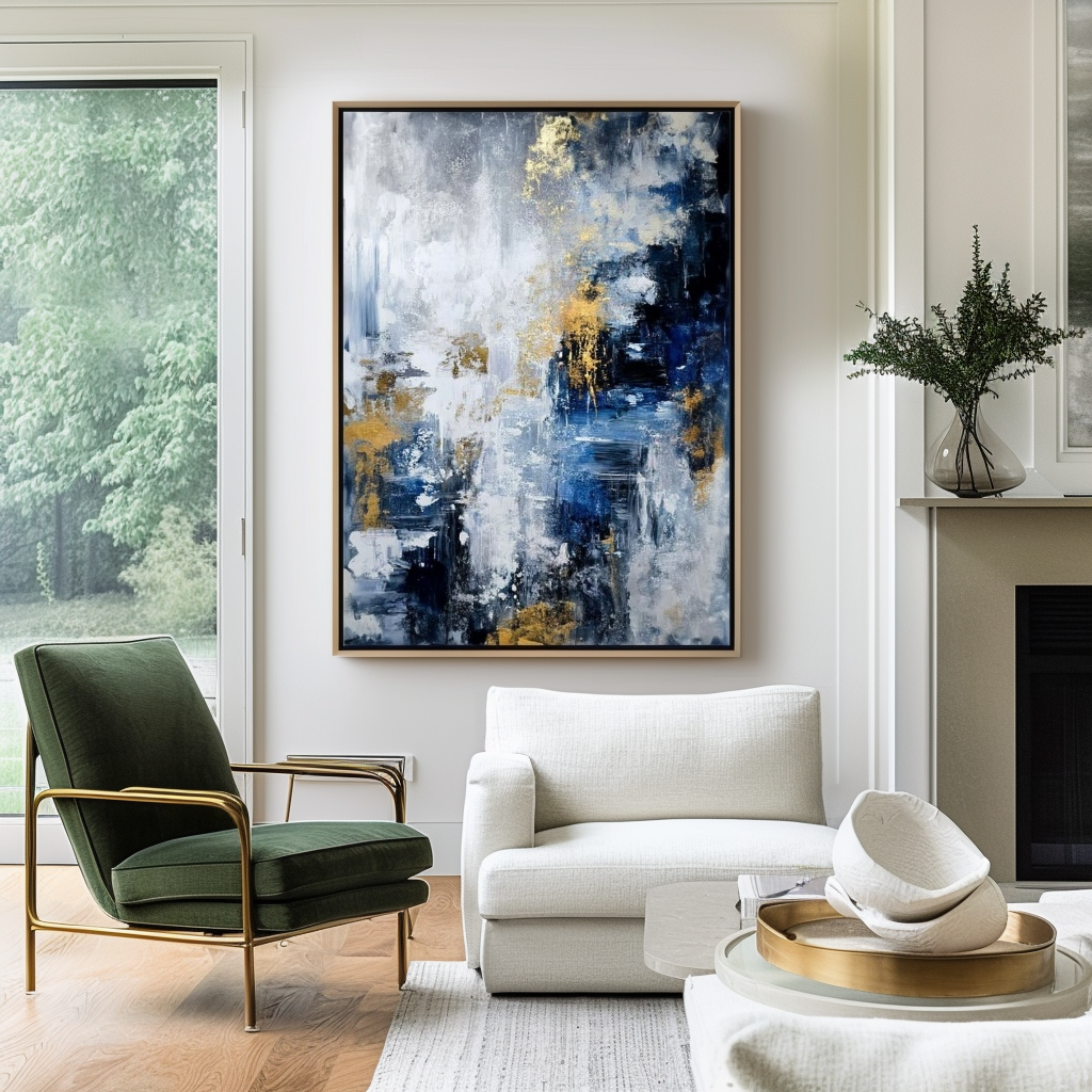 Abstract painting with blue, white, and gold accents, featuring textured brushstrokes.